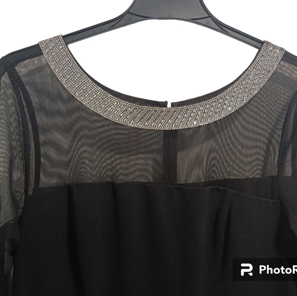 Alex Evenings Sheath Crepe Dress W/Beaded Illusion Neckline, Bell Sleeves 16 - Picture 5 of 12